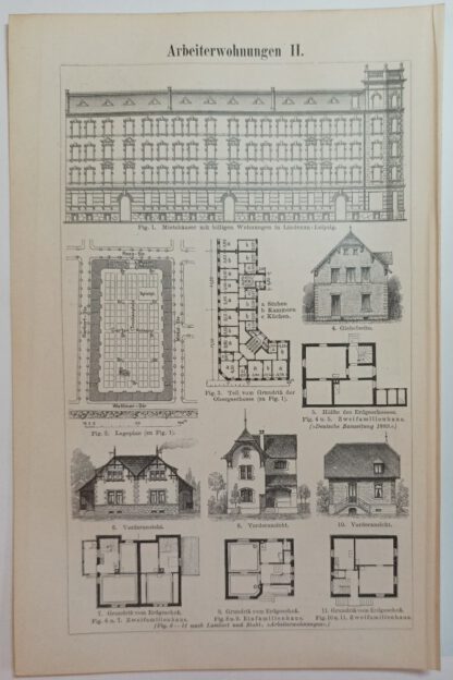 Historischer Druck – Arbeiterwohnungen I und II – Holzstich 1894 [1 Blatt]. 2
