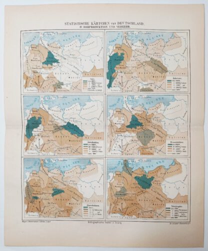 Statistische Kärtchen von Deutschland – Rohproduktion und Verkehr – Lithographie 1875 [1 Blatt].