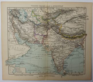 Antike Landkarte – Vorder-Indien, Iran, Turkestan – kolorierter Kupferstich 1889.