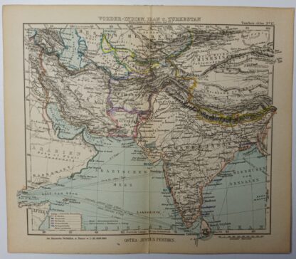 Antike Landkarte - Vorder-Indien, Iran, Turkestan - kolorierter Kupferstich 1889.