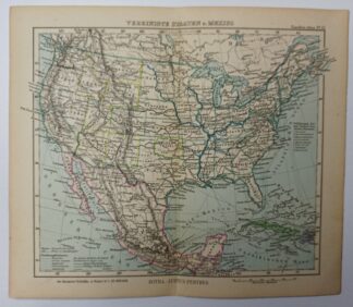 Antike Landkarte – Vereinigte Staaten und Mexico – kolorierter Kupferstich 1889.