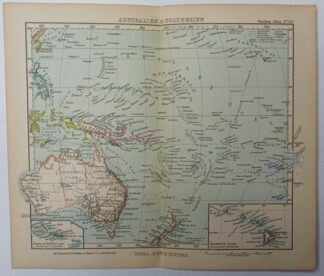 Antike Landkarte – Australien und Polynesien – kolorierter Kupferstich 1889.