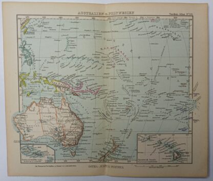 Antike Landkarte - Australien und Polynesien - kolorierter Kupferstich 1889.