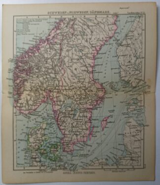 Antike Landkarte – Schweden, Norwegen, Dänemark – kolorierter Kupferstich 1889.