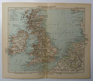 Antike Landkarte – Britische Inseln – kolorierter Kupferstich 1889.