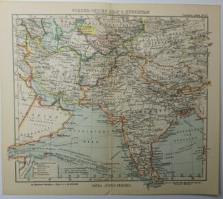 Antike Landkarte – Vorder-Indien, Iran und Turkistan – kolorierter Kupferstich 1930.