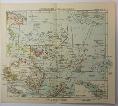 Antike Landkarte - Australien und Südsee-Inseln - kolorierter Kupferstich 1930.