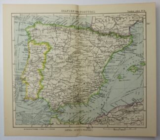 Antike Landkarte – Spanien und Portugal – kolorierter Kupferstich 1930.