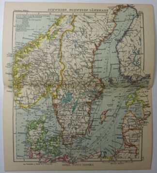 Antike Landkarte – Schweden, Norwegen, Dänemark – kolorierter Kupferstich 1930.