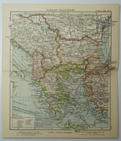 Antike Landkarte - Balkan-Halbinsel - kolorierter Kupferstich 1930.