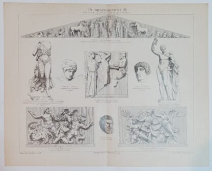 Historischer Druck – Bildhauerkunst III – Griechische Bildnerei: Olympia und Pergamon – Holzstich 1894 [1 Blatt].