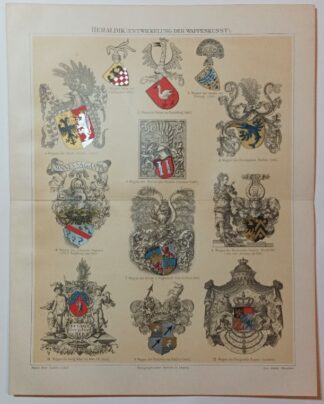 Historischer Druck – Heraldik – Entwicklung der Wappenkunst – Chromolithographie 1894 [1 Blatt].