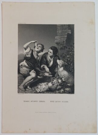 Knaben Melonen essend – Boys eating Melons – Stahlstich 1871.